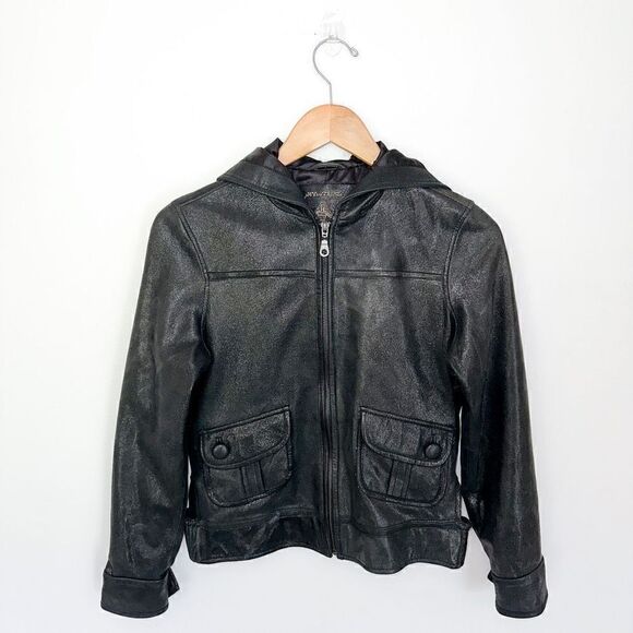 My Tribe Women’s Black Sparkle Metallic Hooded Leather Zip Closure Bomber Jacket - Picture 1 of 8